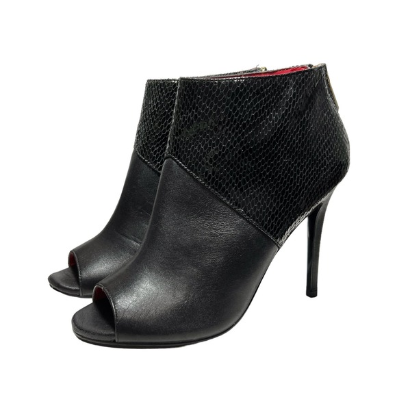 Charles Jourdan Black Leather Snakeskin Zipper Peep Stiletto Ankle Boot Size 7 - Picture 1 of 8